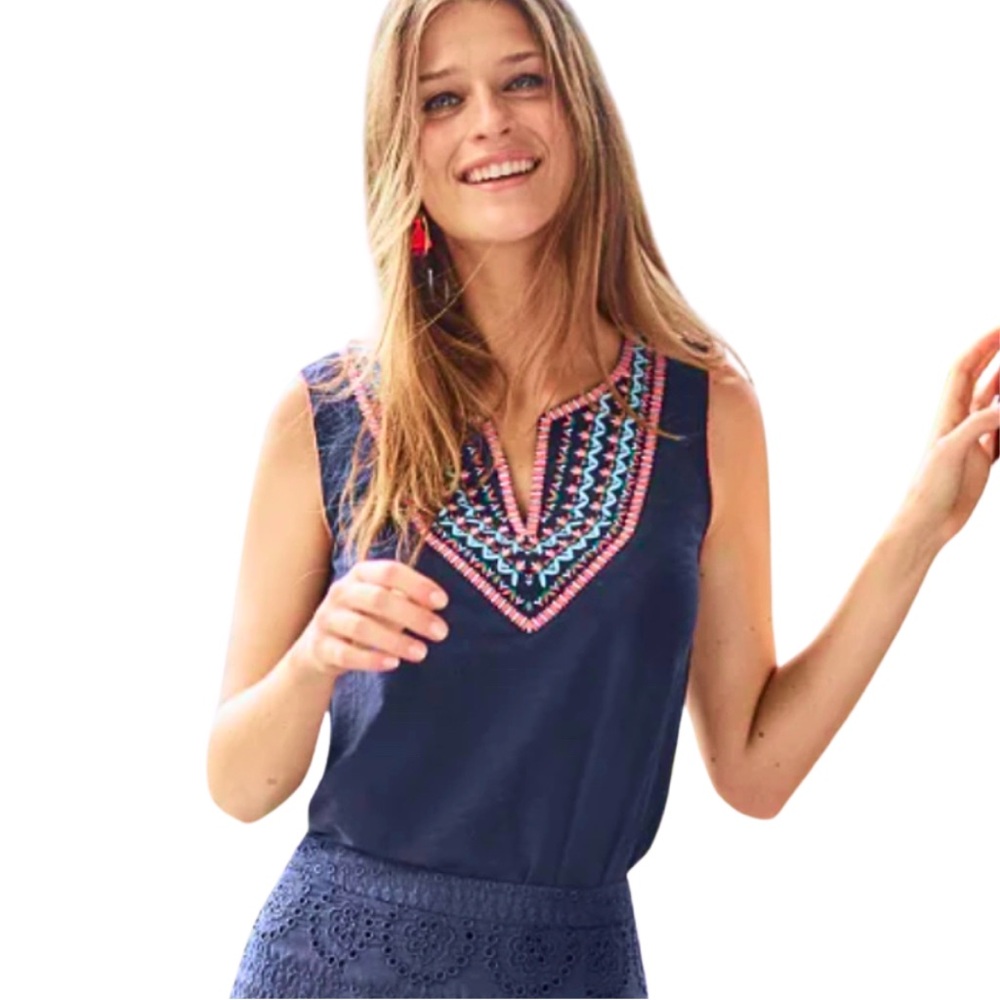 Boden Embroidered Notch Neck Sleeveless Top Navy Pink Blue Colorful Stitch Tank